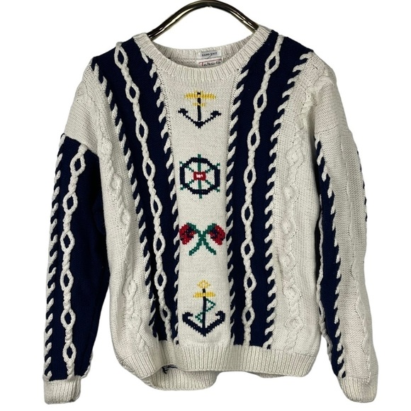 TALBOTS VINTAGE HAND KNIT COTTON NAUTICAL COLORBLOCK CABLE KNIT CREW SWEATER - Picture 3 of 12